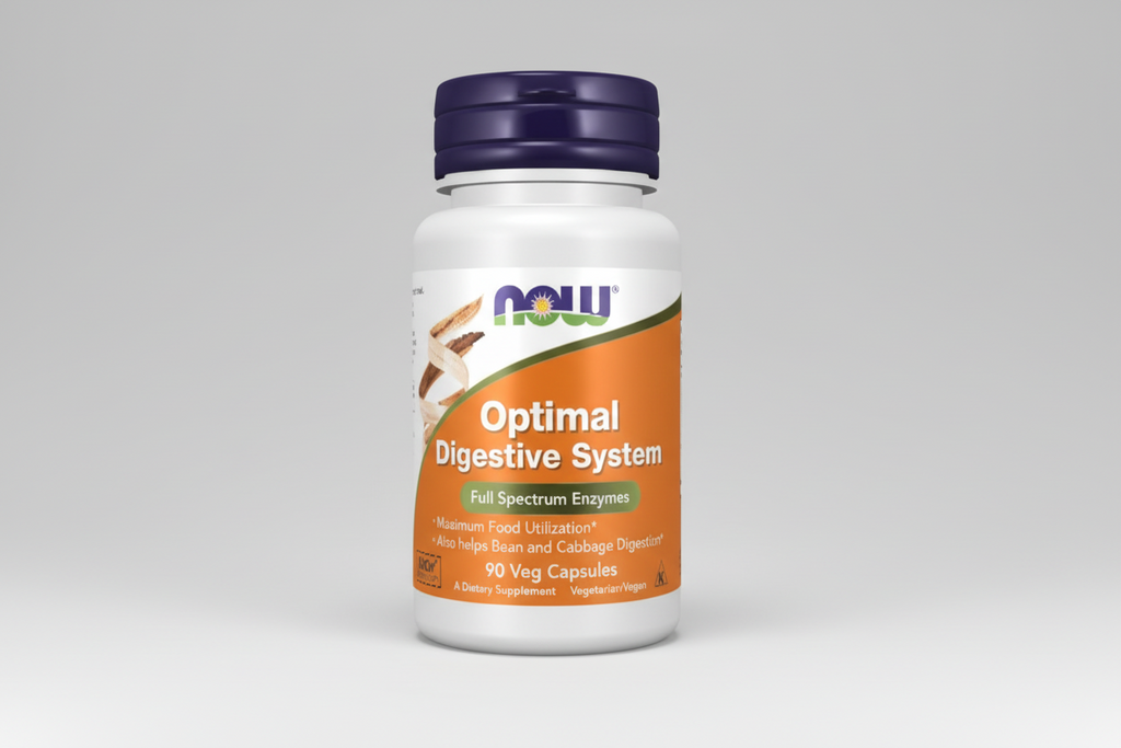 Supplement bottle labeled 'Optimal Digestive System' by NOW on a white background