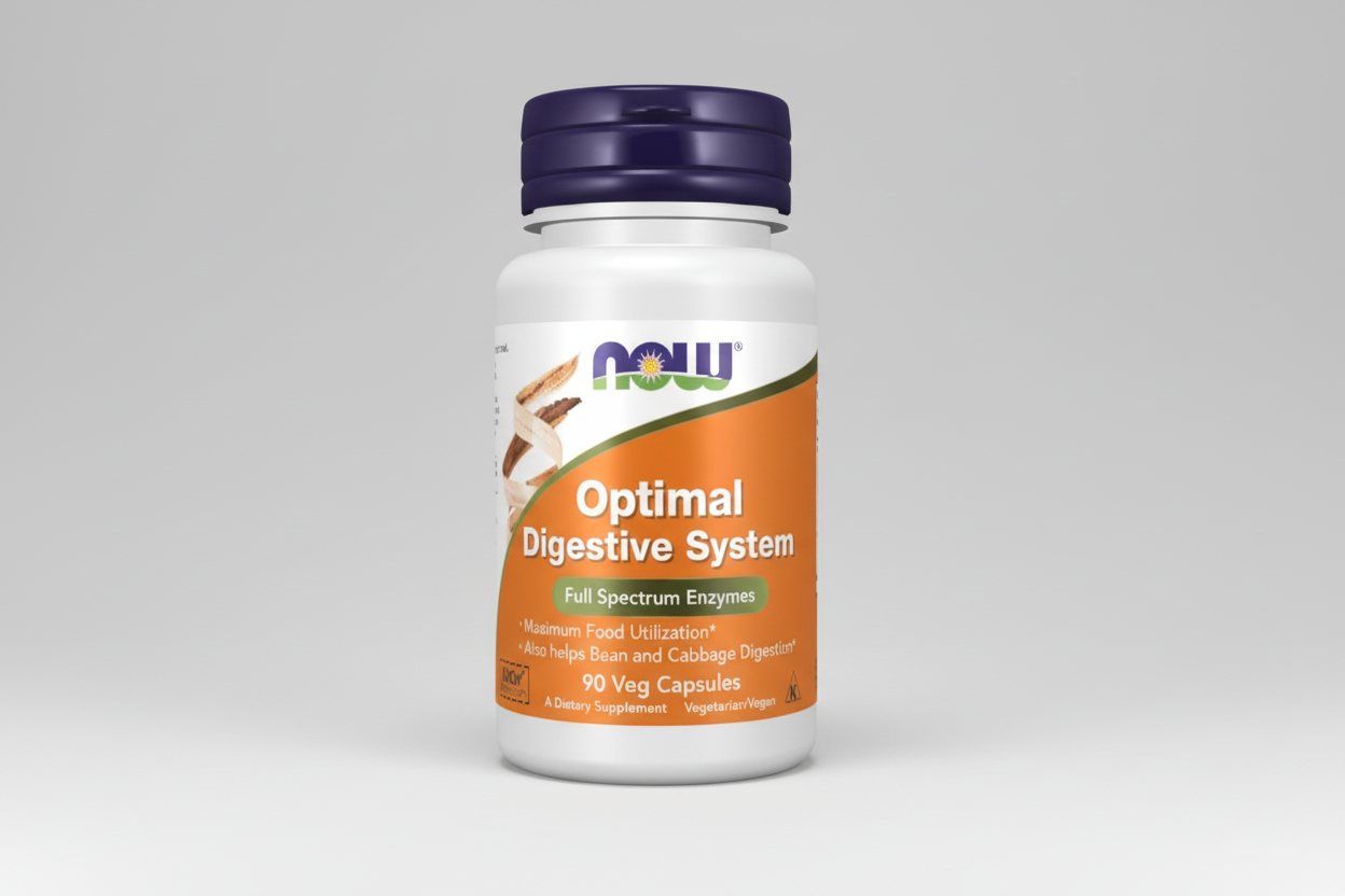 Supplement bottle labeled 'Optimal Digestive System' by NOW on a white background