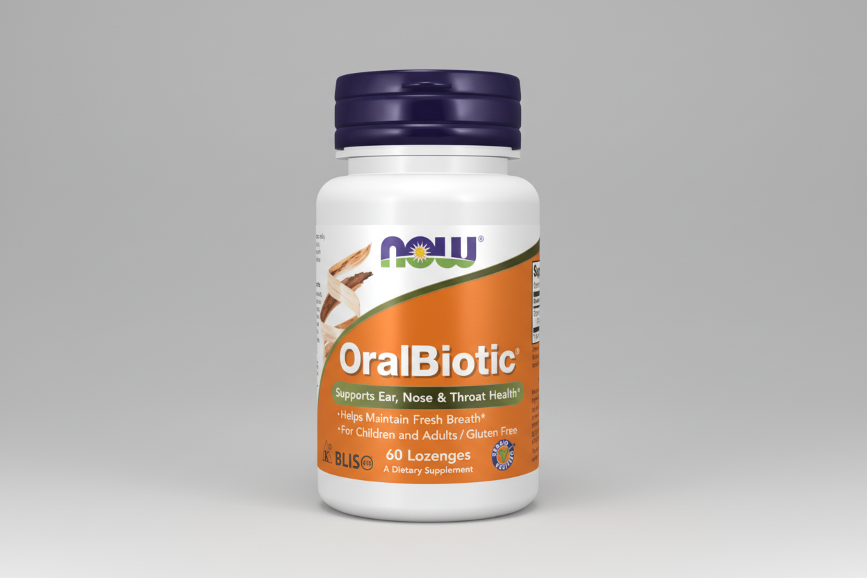 Supplement bottle labeled 'OralBiotic' by NOW on a white background