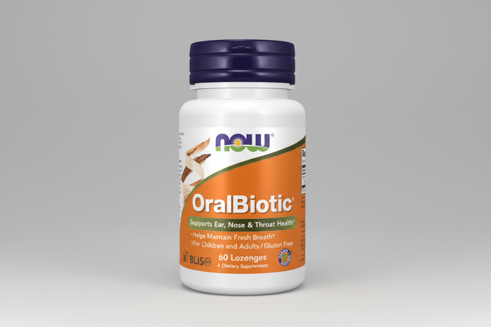 Supplement bottle labeled 'OralBiotic' by NOW on a white background