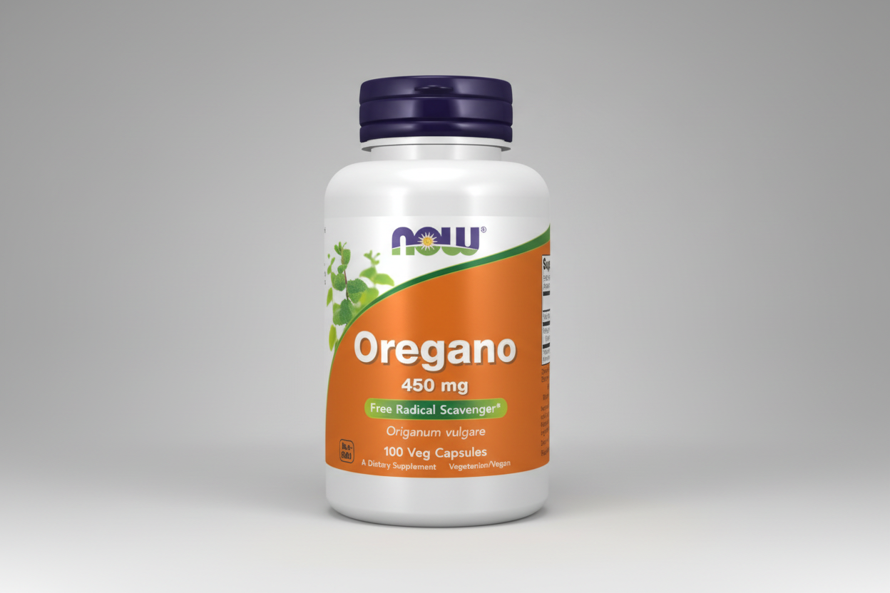 Supplement bottle labeled 'Oregano' with Now brand on an orange background