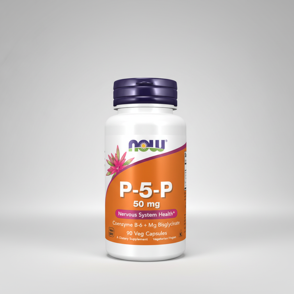 Supplement bottle labeled 'P-5-P' with NOW brand on a white background