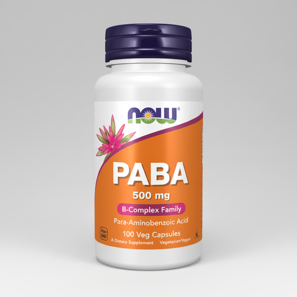 Supplement bottle labeled 'PABA' with Now brand on a white background