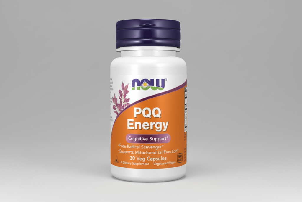 Supplement bottle labeled 'PQQ Energy' with Now brand on a white background