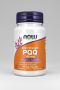 Supplement bottle labeled 'Extra Strength PQQ 40 mg' with NOW brand on a white background