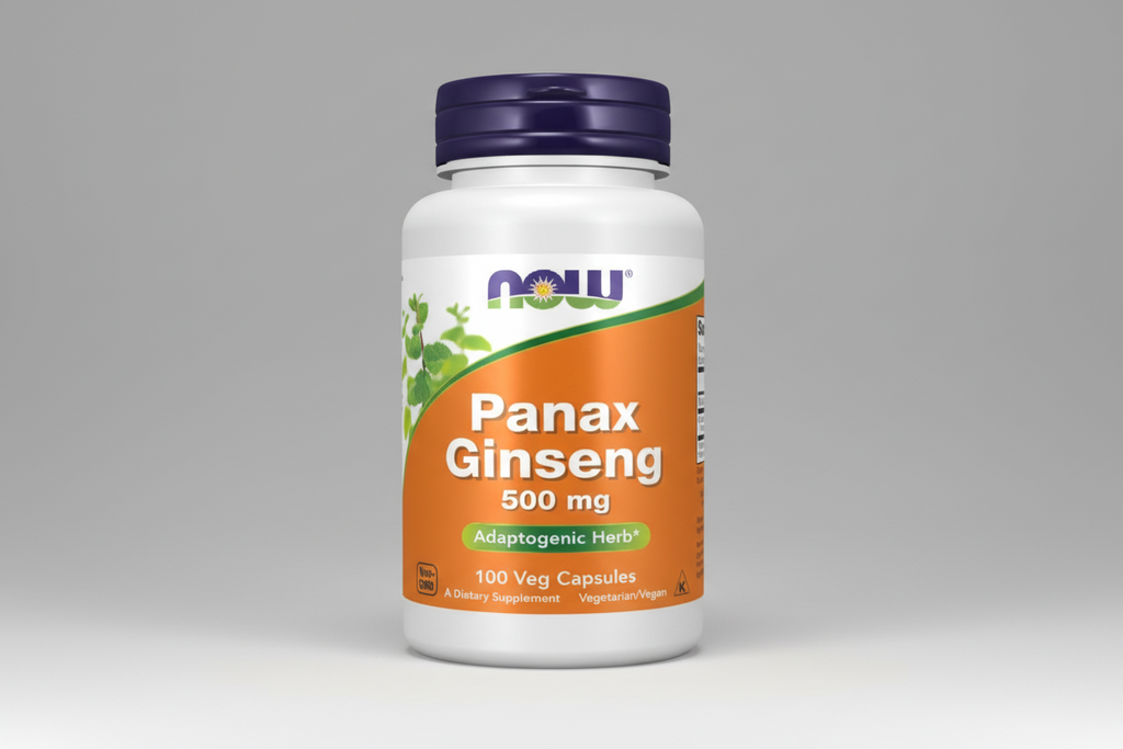 Panax Ginseng supplement bottle with NOW label on a white background