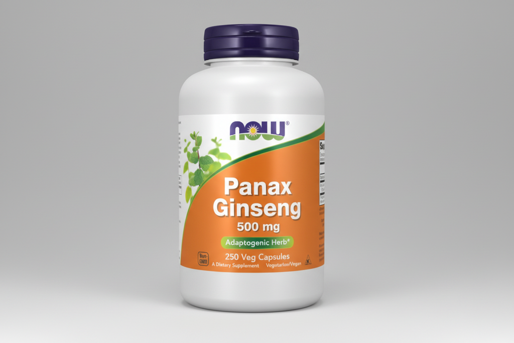 Panax Ginseng supplement bottle with NOW label on a white background