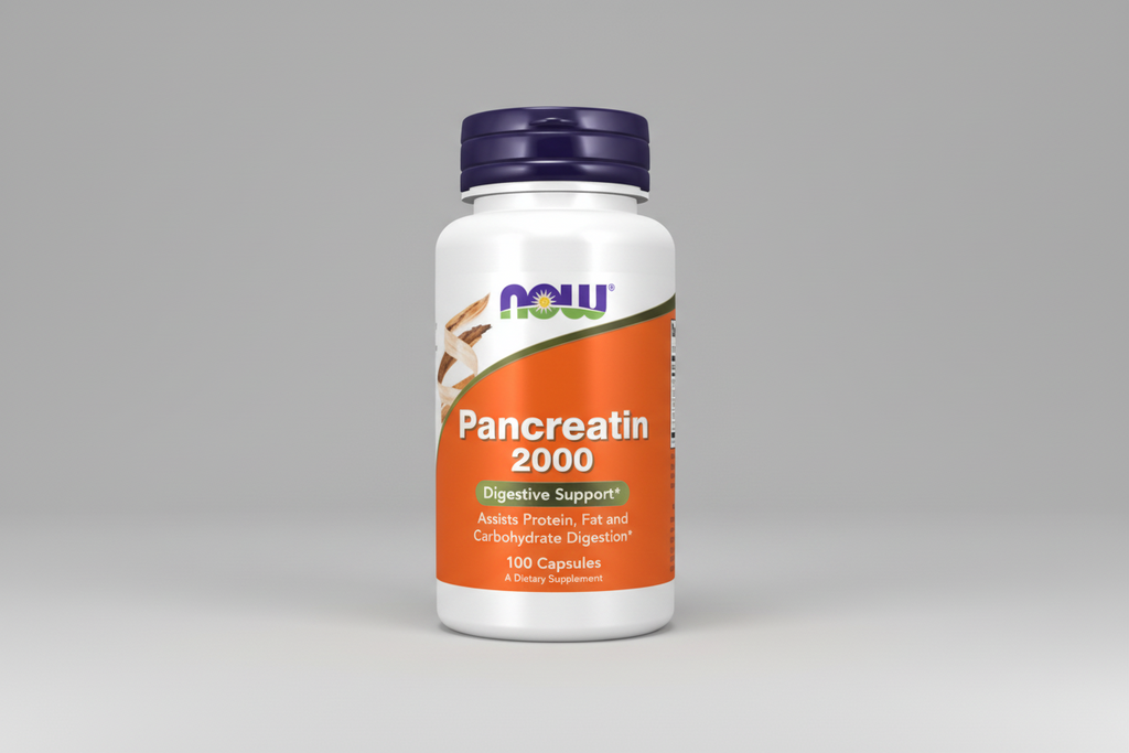 Pancreatin 2000 supplement bottle with NOW label on a white background