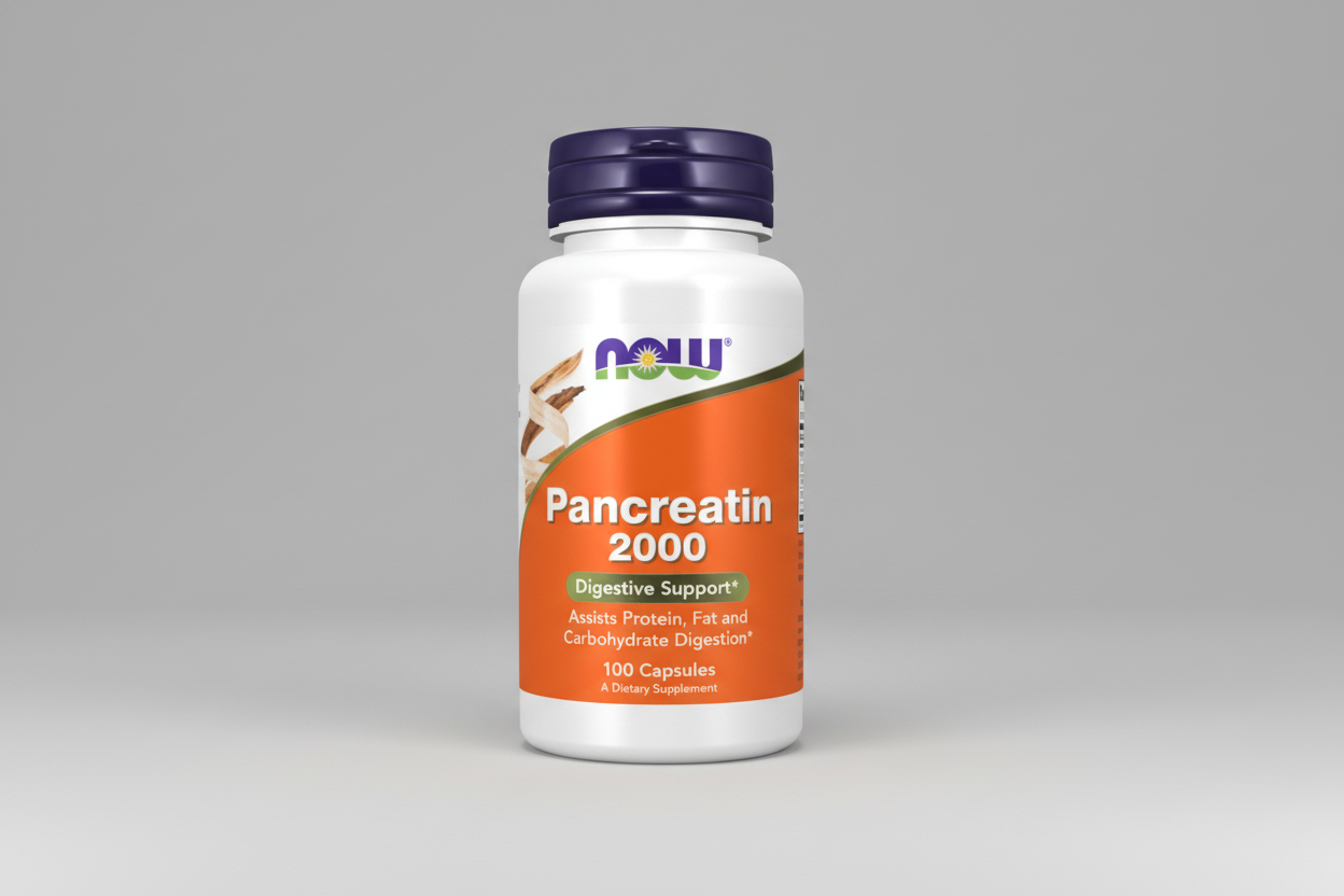 Pancreatin 2000 supplement bottle with NOW label on a white background