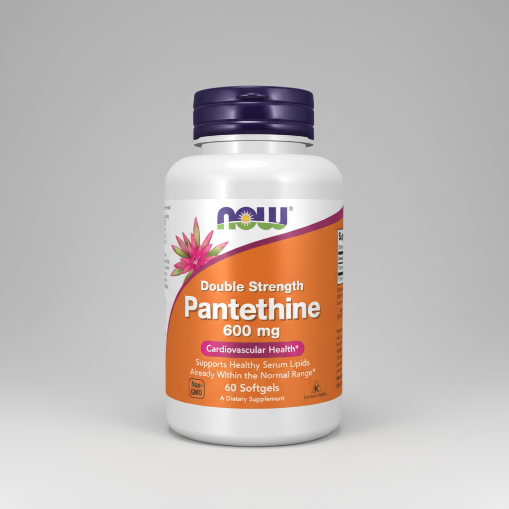 Supplement bottle labeled 'Double Strength Pantethine 600 mg' with NOW brand on a white background
