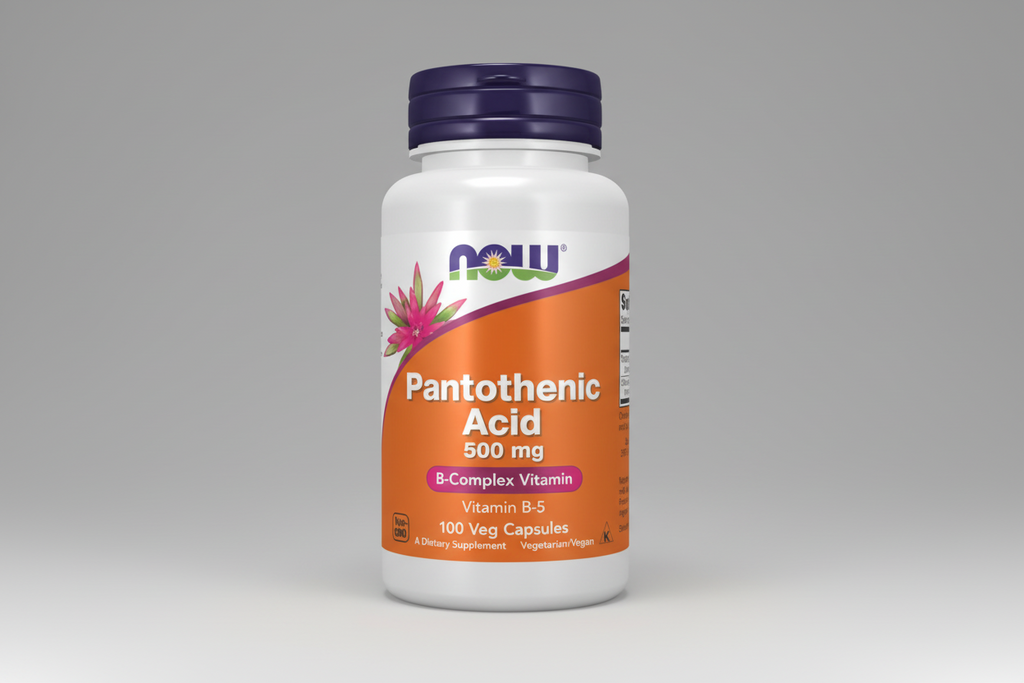 Supplement bottle of Pantothenic Acid 500 mg with NOW brand on a white background