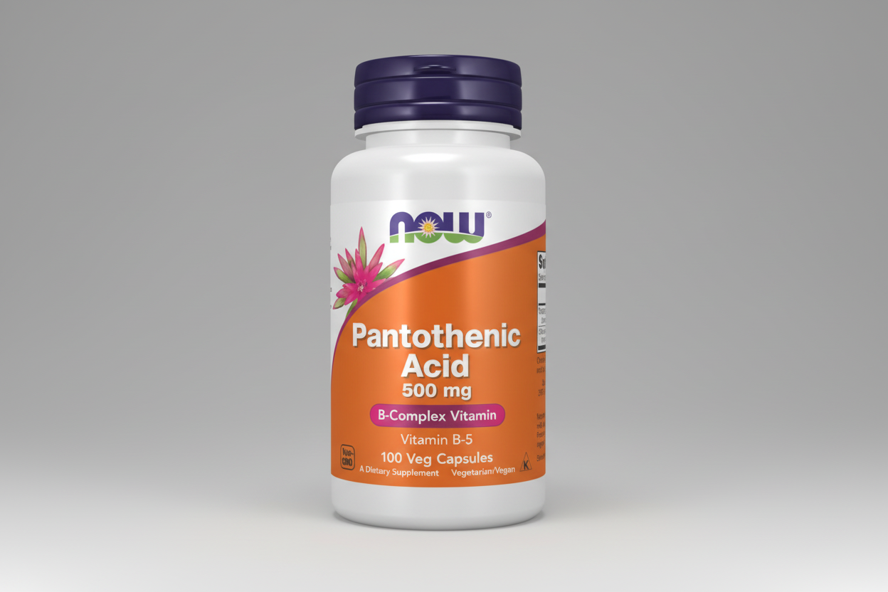 Supplement bottle of Pantothenic Acid 500 mg with NOW brand on a white background
