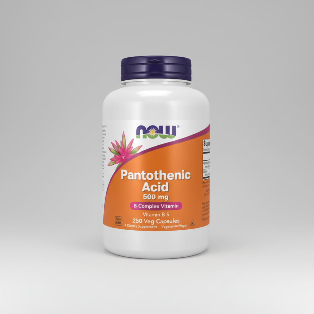 Supplement bottle of Pantothenic Acid 500 mg with NOW brand on a white background
