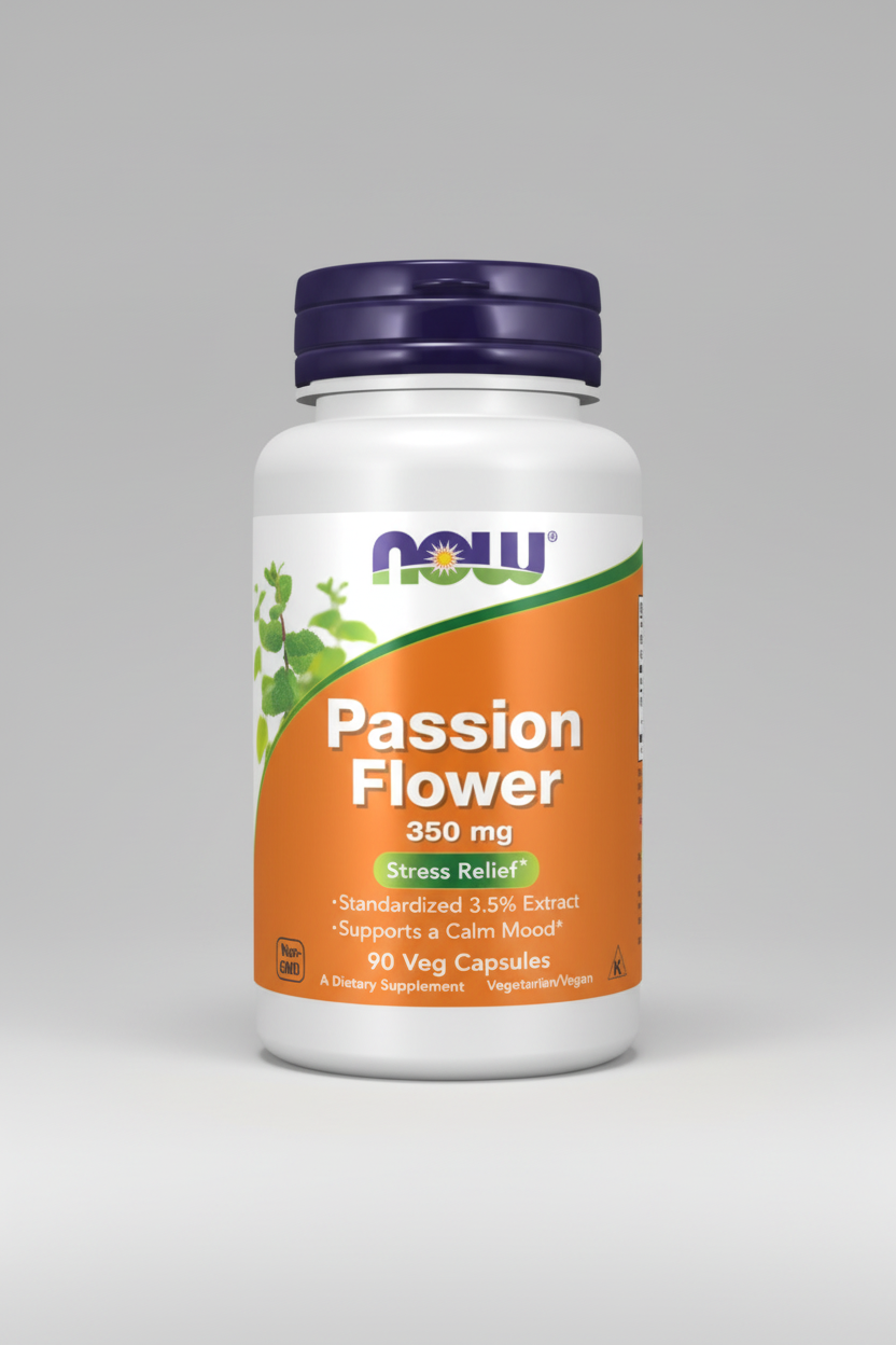 Supplement bottle labeled 'Passion Flower' with Now brand on an orange background