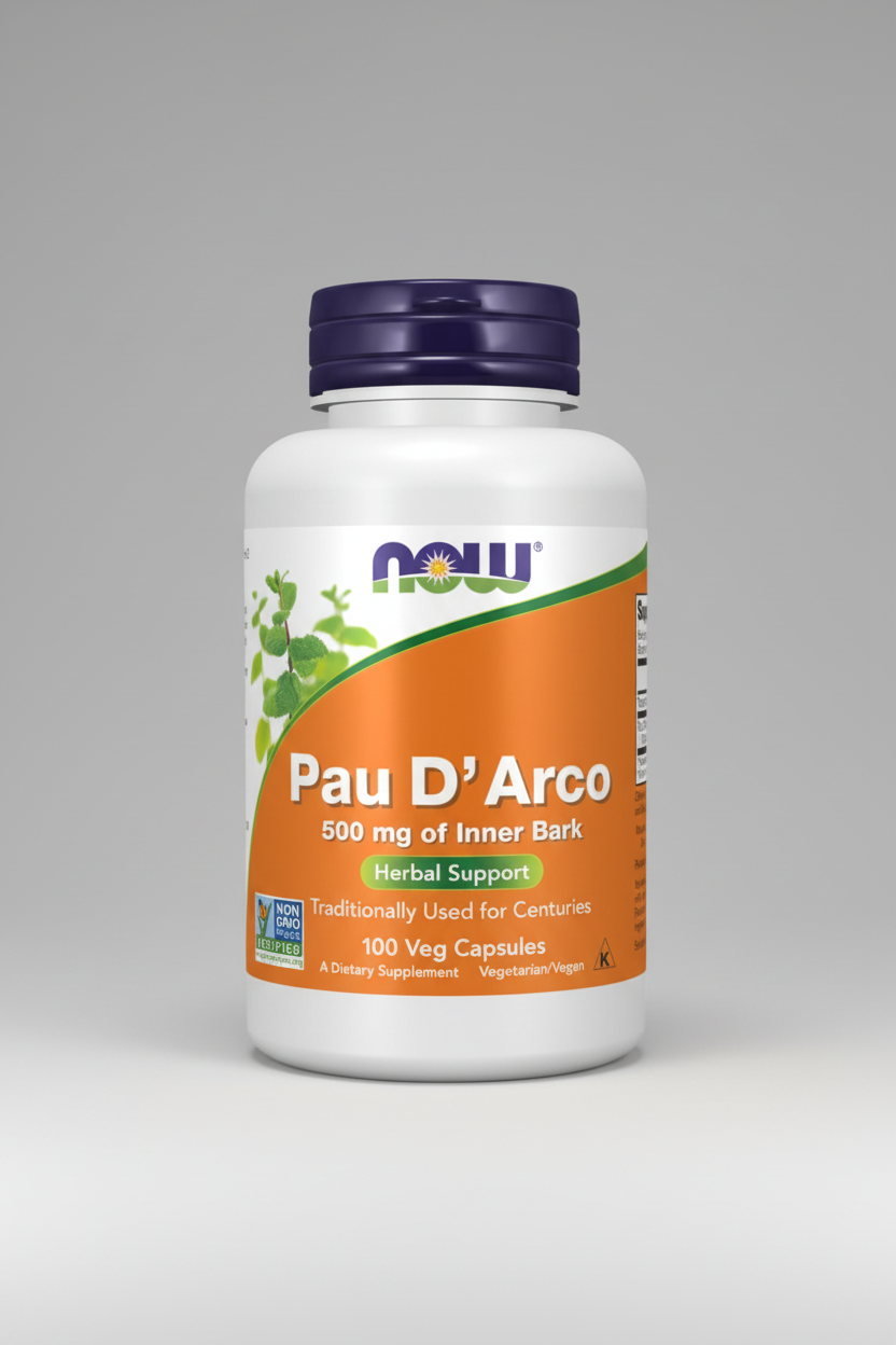 Supplement bottle labeled 'Pau D'Arco' with Now brand on a white background