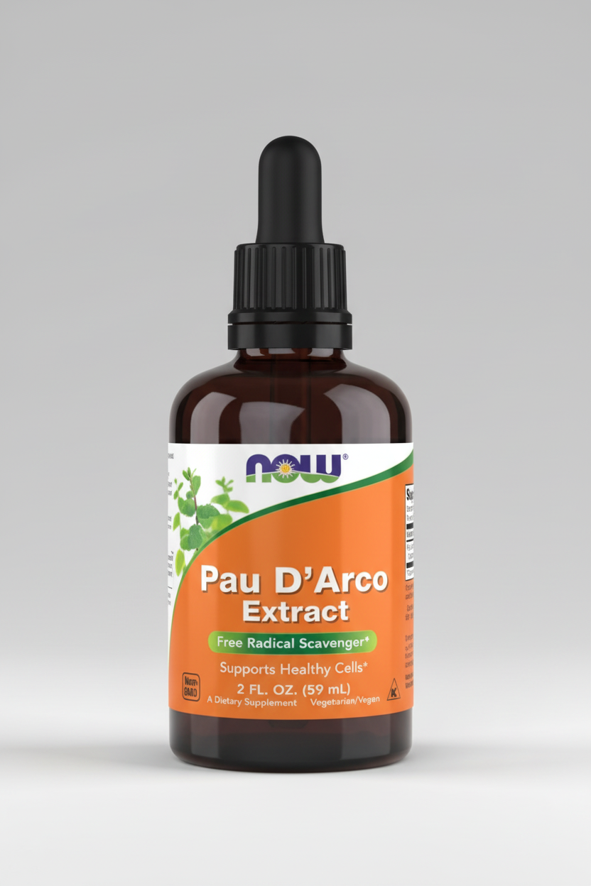 Bottle of Pau D'Arco Extract with Now label on a black background