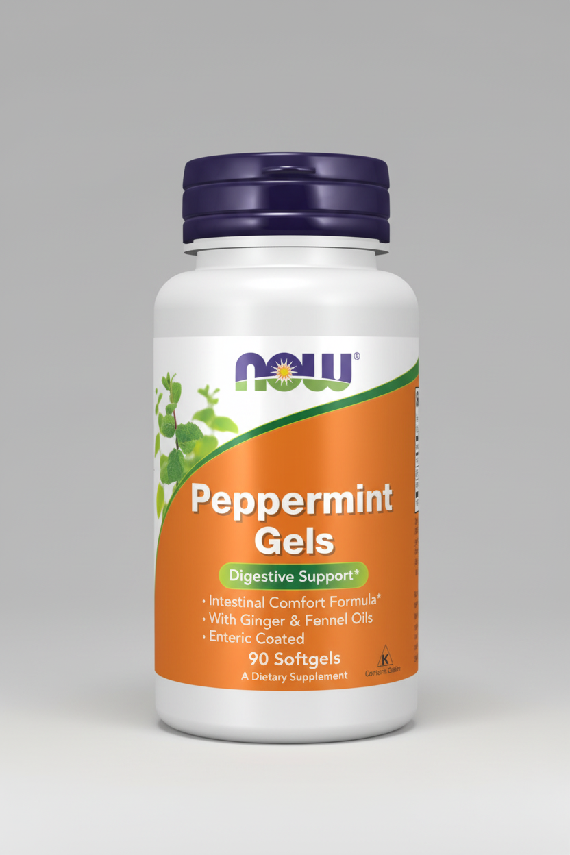 Peppermint Gels supplement bottle with Now brand on a white background