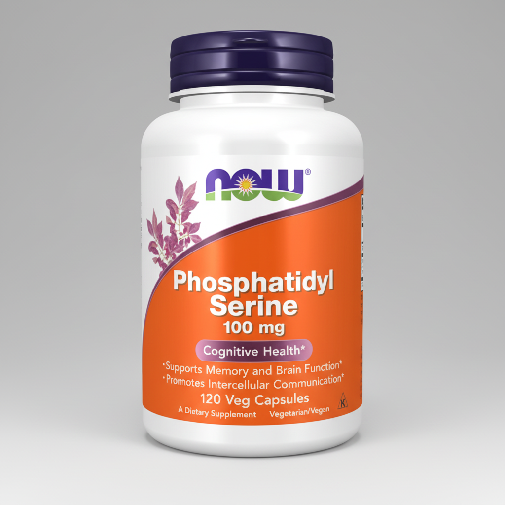 Supplement bottle labeled 'Phosphatidyl Serine 100 mg' by NOW on a white background