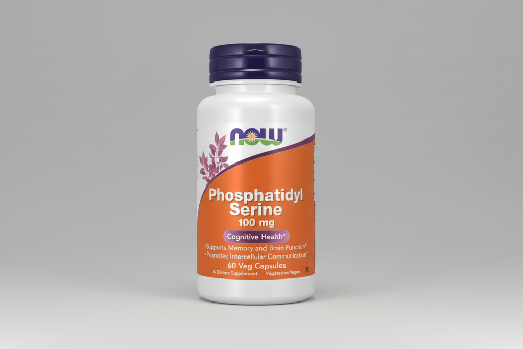 Supplement bottle labeled 'Phosphatidyl Serine 100 mg' with NOW brand on a white background