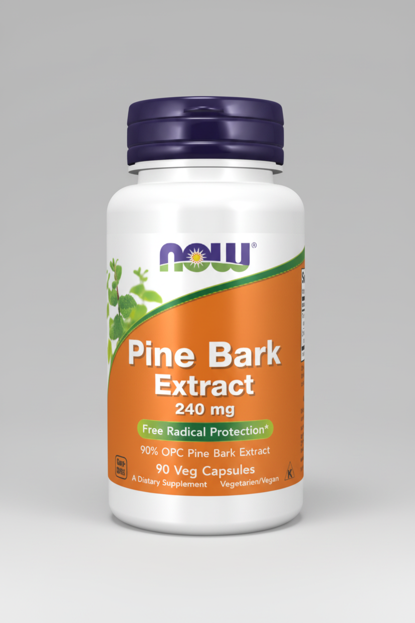 Bottle of Pine Bark Extract supplement with Now brand on a white background