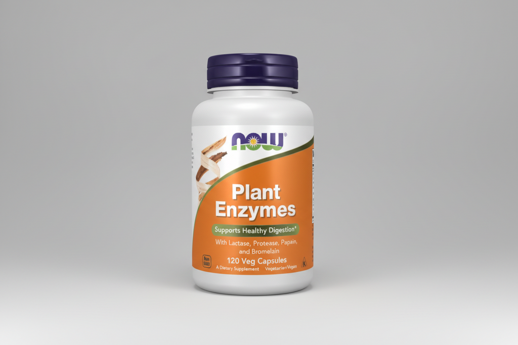 Supplement bottle labeled 'Plant Enzymes' by NOW on a white background