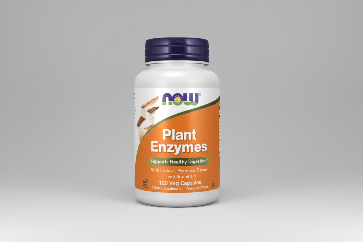 Supplement bottle labeled 'Plant Enzymes' by NOW on a white background