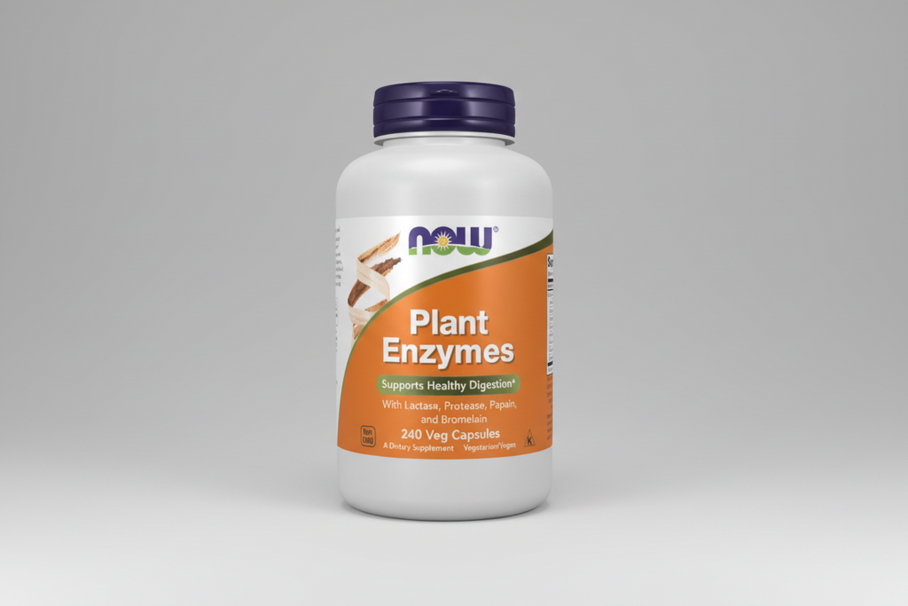Supplement bottle labeled 'Plant Enzymes' by NOW on a white background