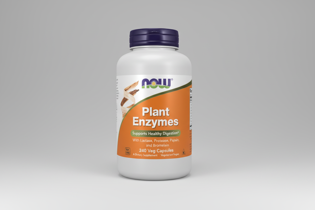 Supplement bottle labeled 'Plant Enzymes' by NOW on a white background