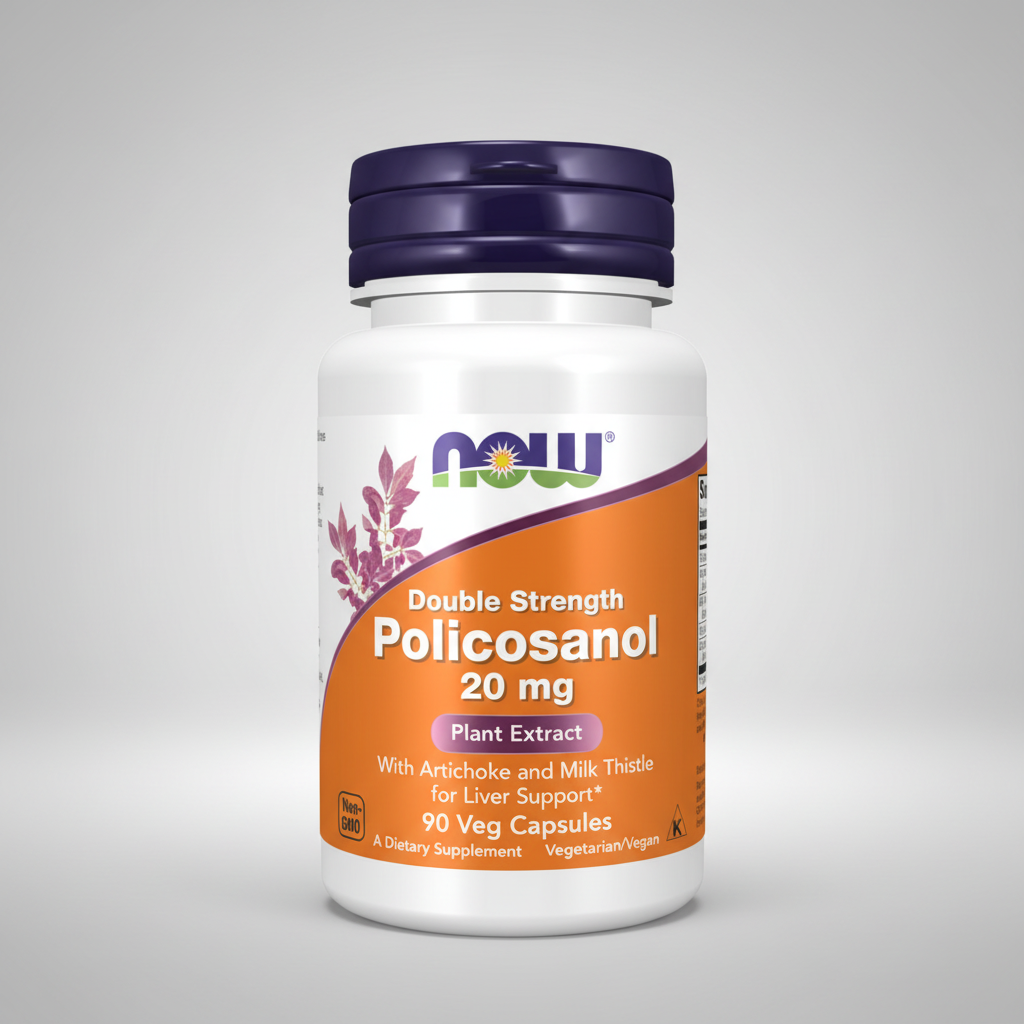Supplement bottle labeled 'Double Strength Policosanol 20 mg' by NOW on a white background