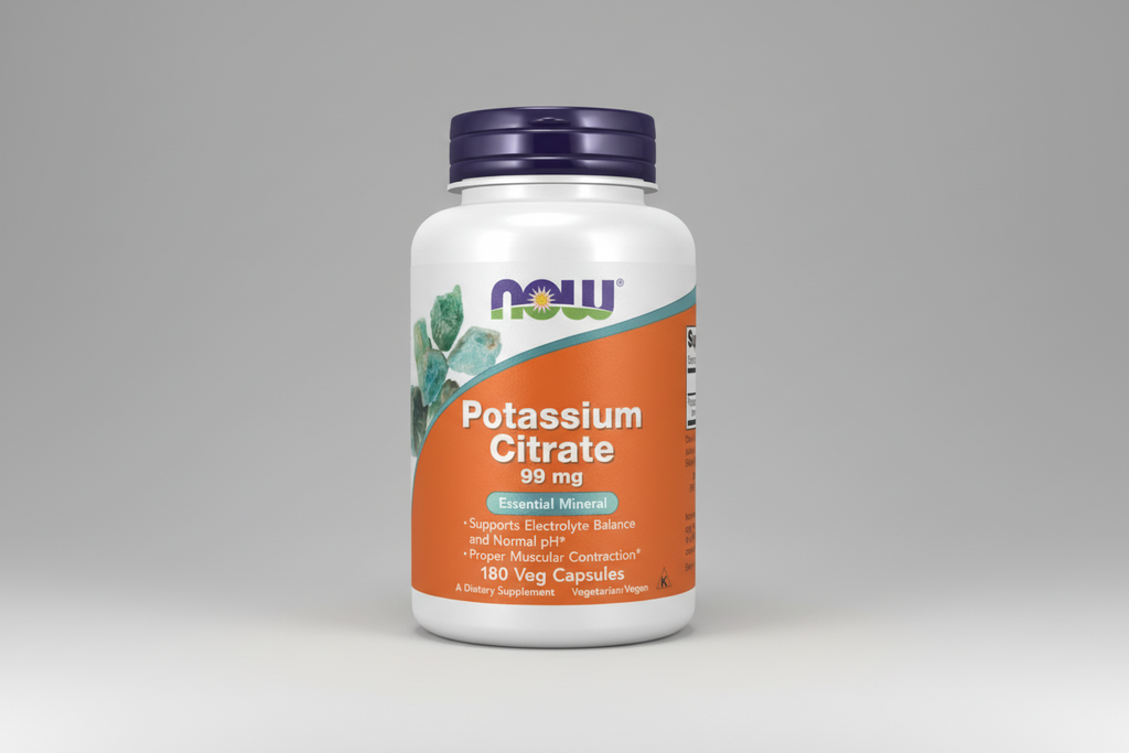 Supplement bottle labeled 'Potassium Citrate' by NOW on a white background