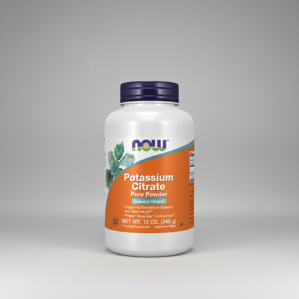 Supplement bottle labeled 'Potassium Citrate Pure Powder' by NOW on a white background