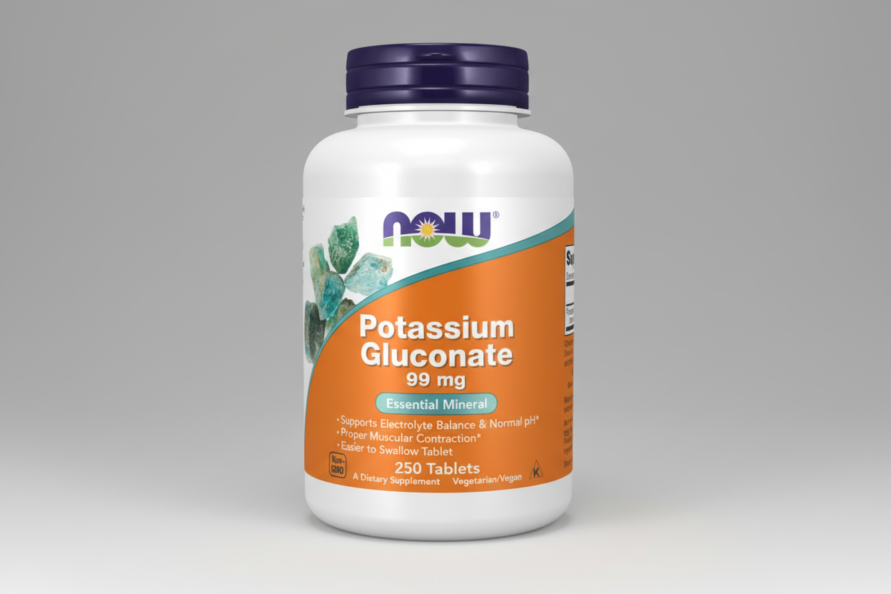 Supplement bottle labeled 'Potassium Gluconate 99 mg' with NOW brand on a white background