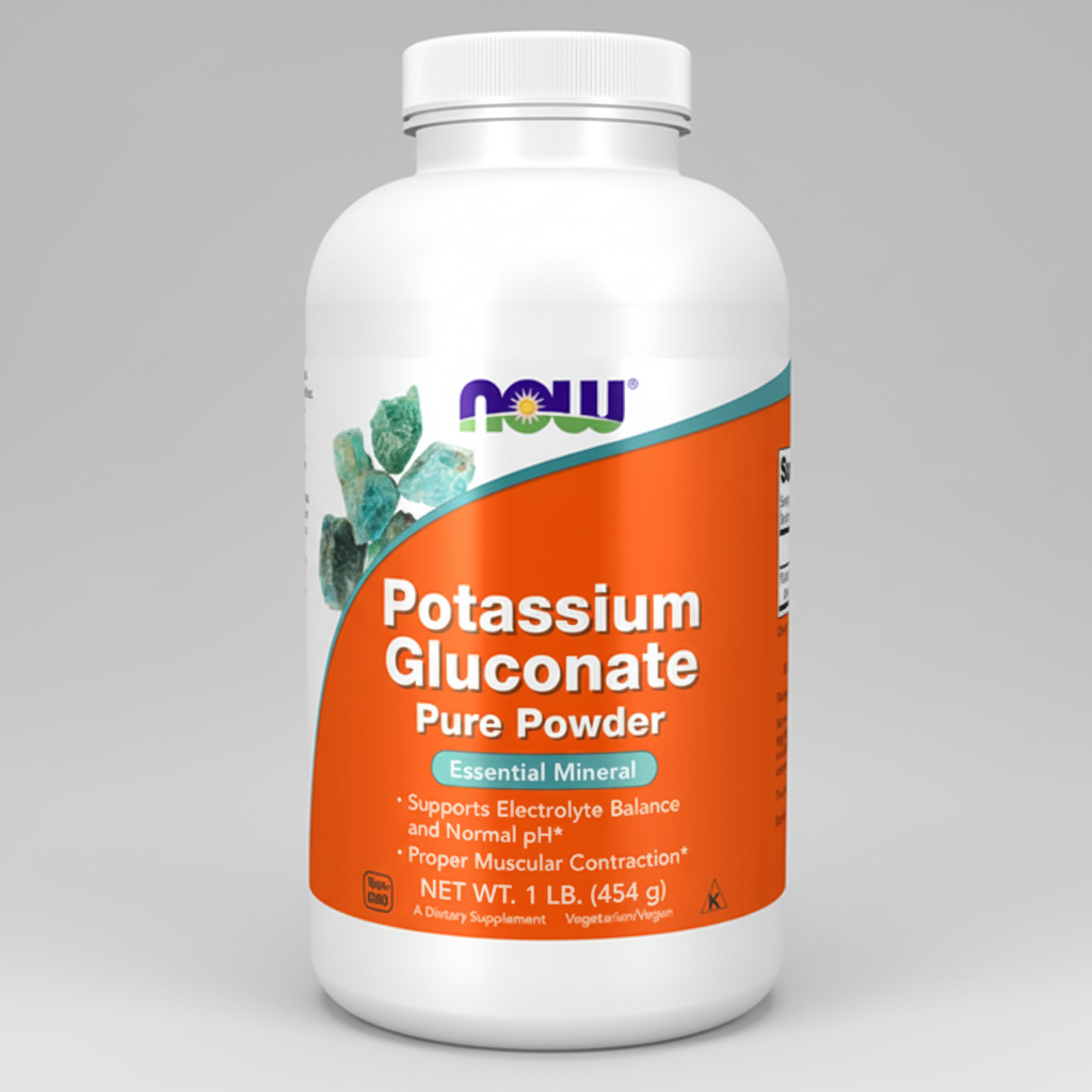 Bottle of Potassium Gluconate Pure Powder with NOW brand on a white background