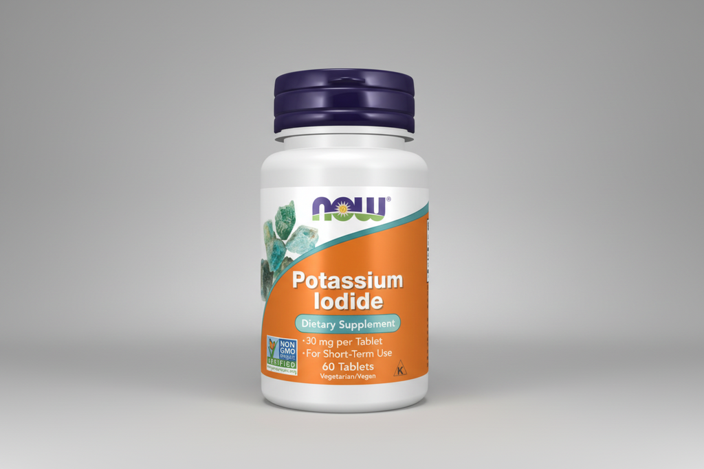 Supplement bottle labeled 'Potassium Iodide' by NOW on a white background