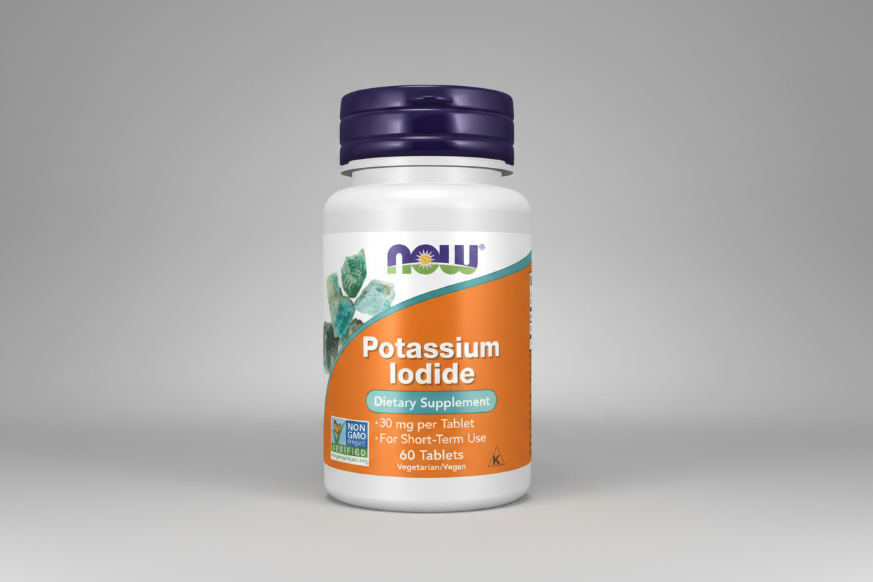 Supplement bottle labeled 'Potassium Iodide' by NOW on a white background