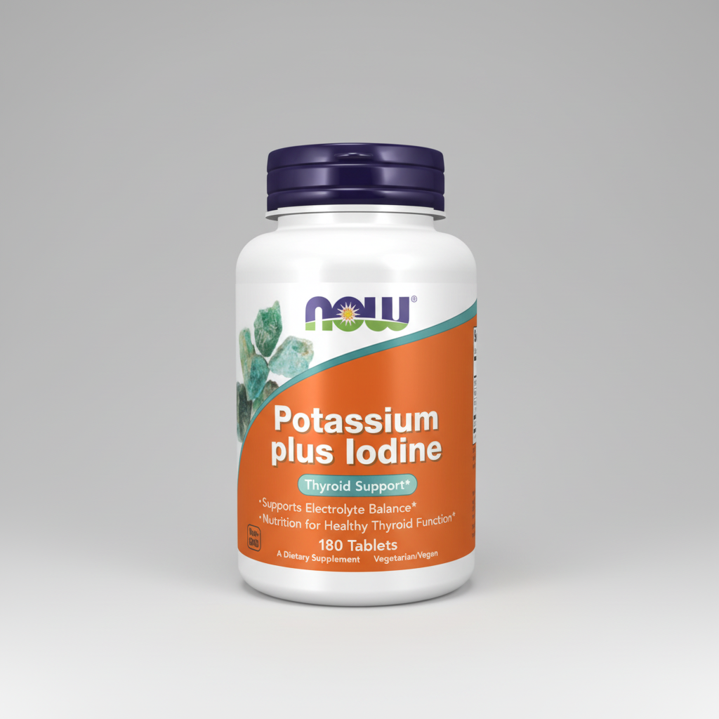Supplement bottle labeled 'Potassium plus Iodine' with NOW brand on a white background