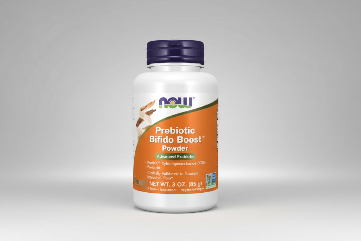 Prebiotic Bifido Boost Powder bottle with NOW brand on a white background