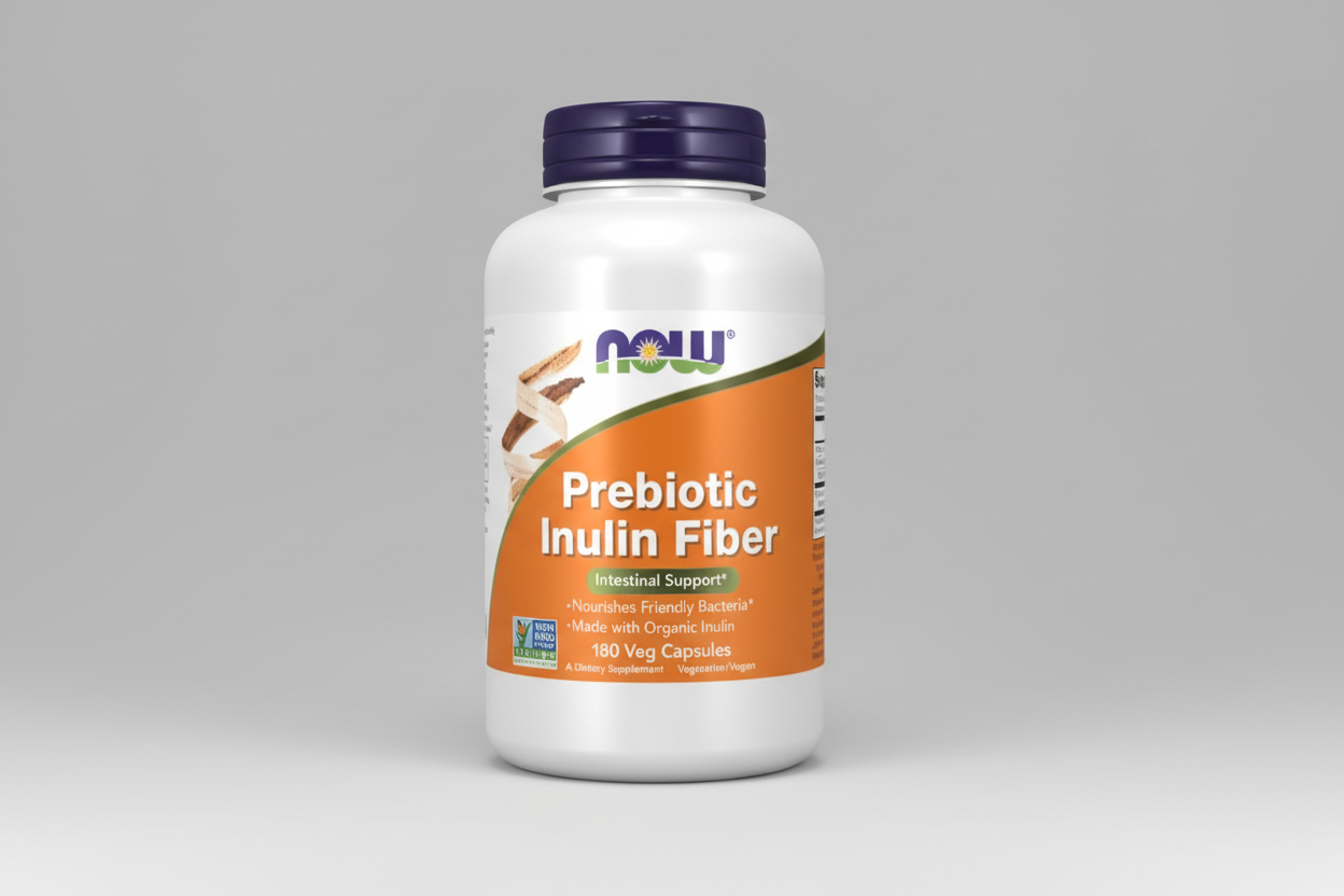 Prebiotic Inulin Fiber supplement bottle with NOW brand on a white background
