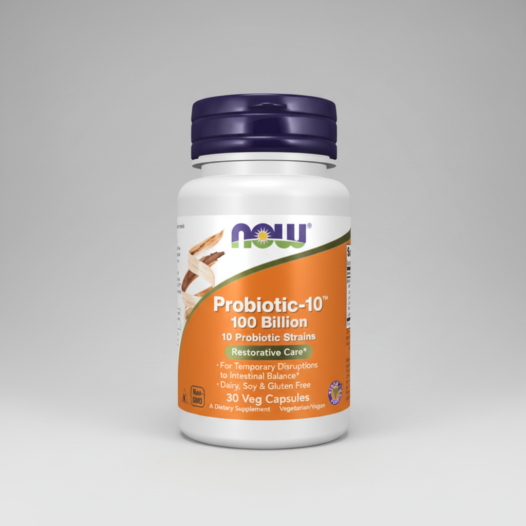 Probiotic supplement bottle with NOW brand on a white background