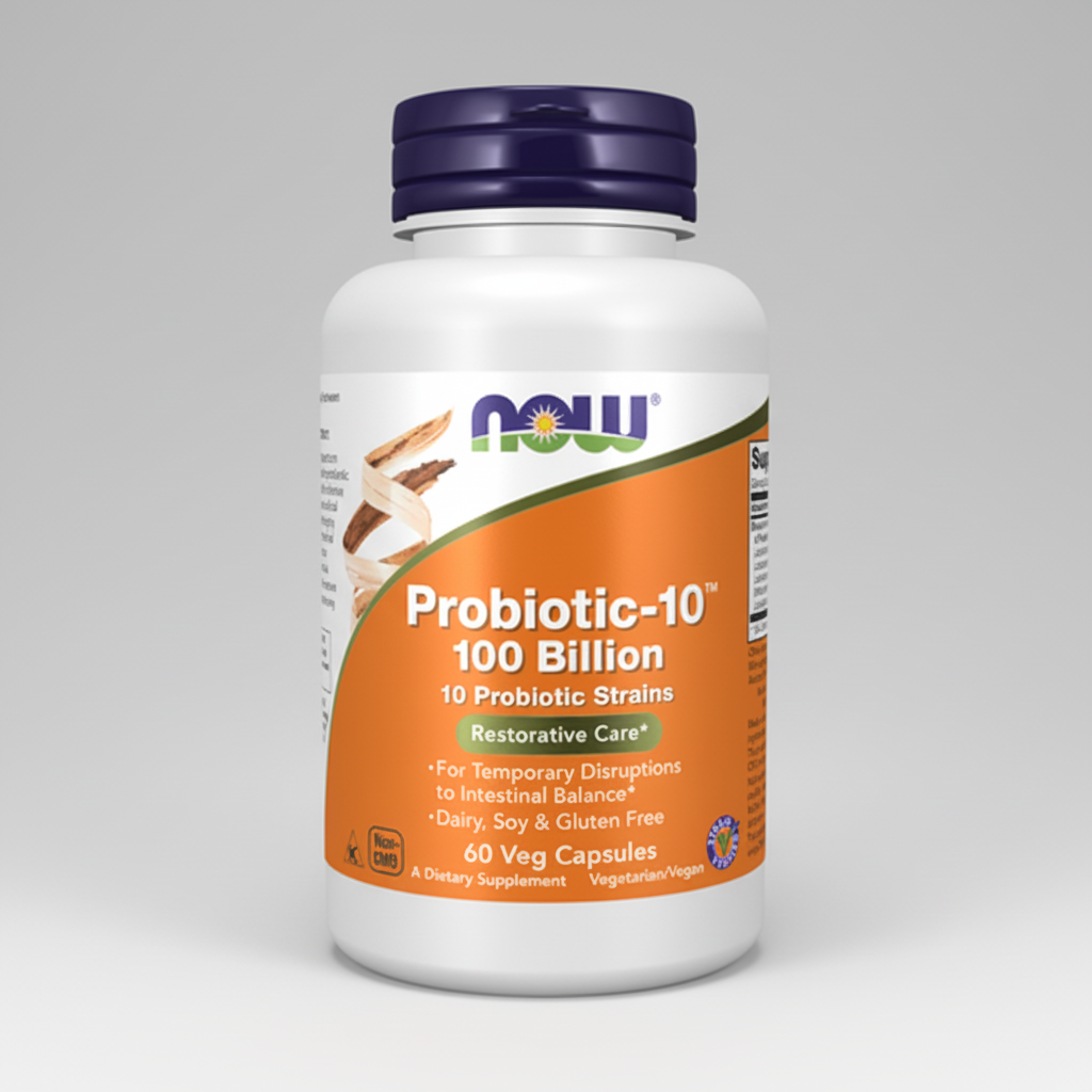 Probiotic supplement bottle with NOW brand on a white background