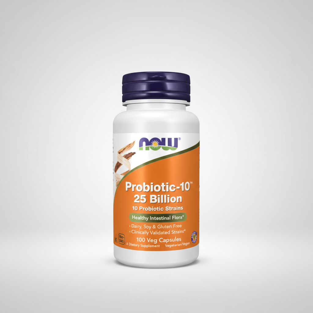 Probiotic supplement bottle with Now brand on a white background