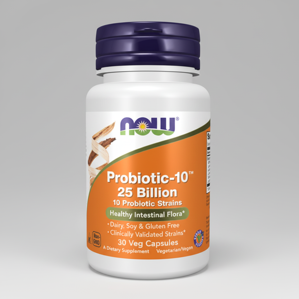 Probiotic supplement bottle with NOW label on a white background