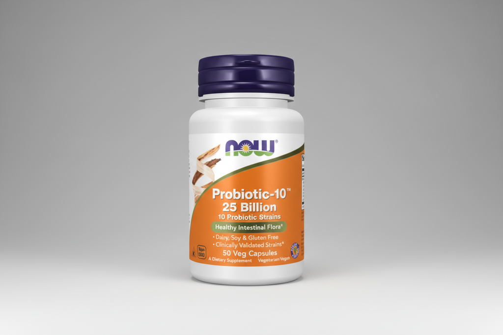 Probiotic supplement bottle with NOW brand on a white background