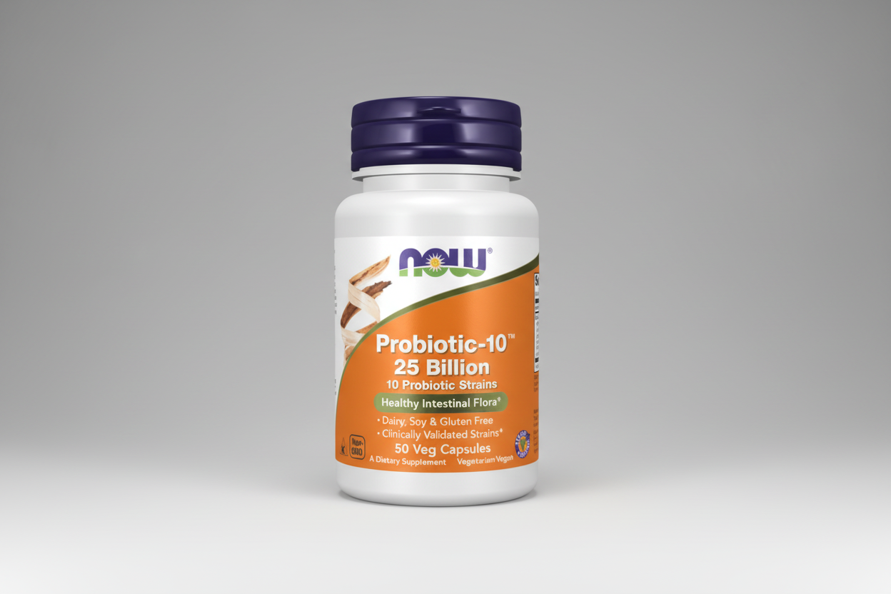 Probiotic supplement bottle with NOW brand on a white background