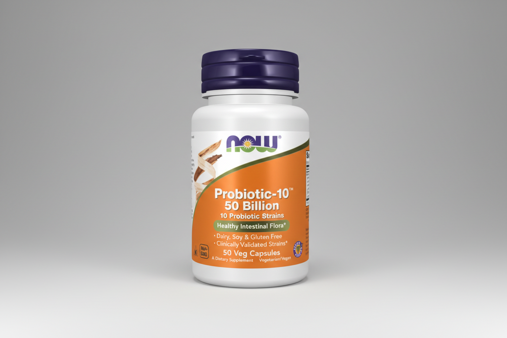 Probiotic supplement bottle with NOW brand on a white background