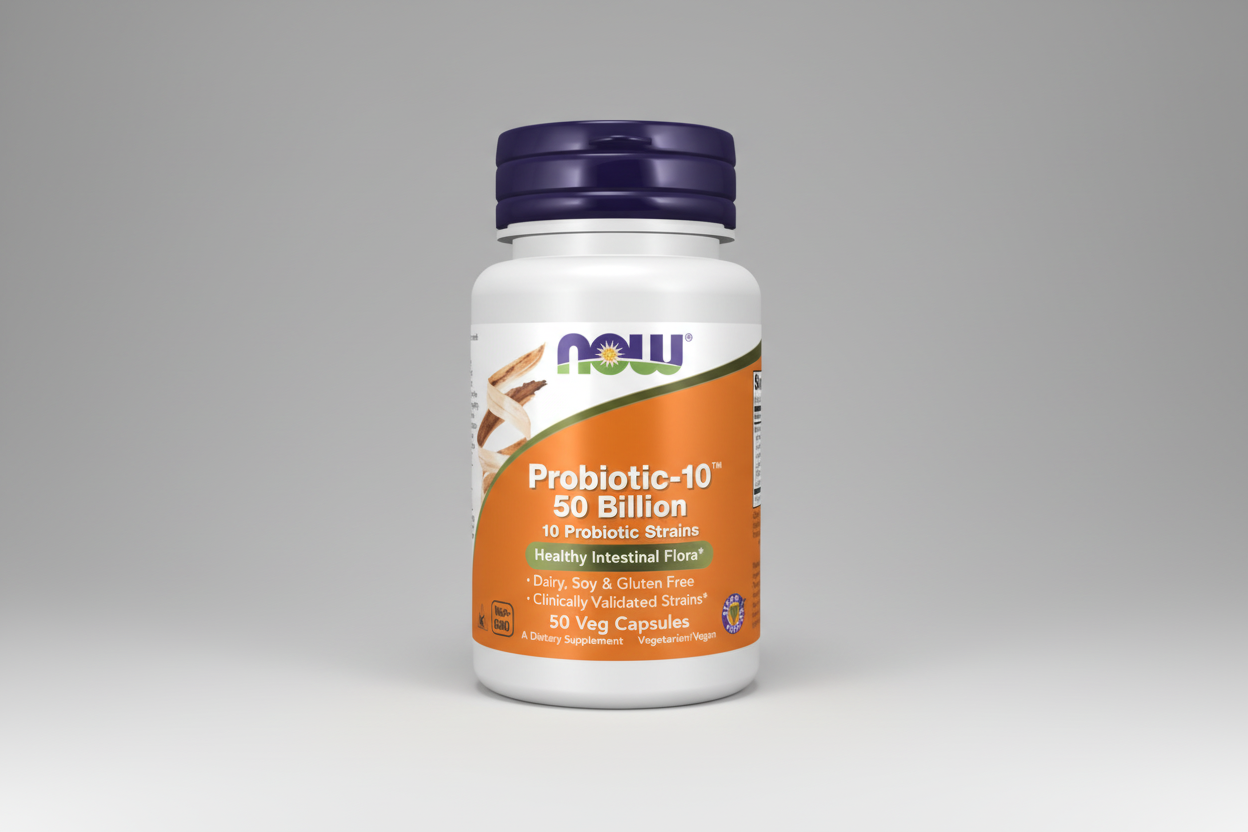 Probiotic supplement bottle with NOW brand on a white background