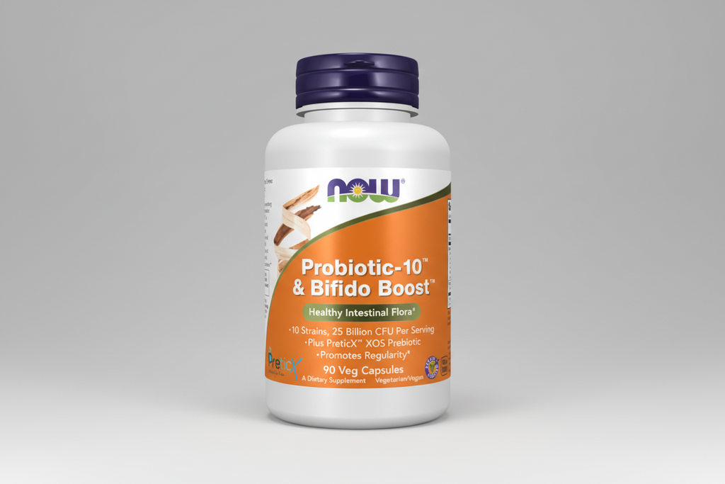 Supplement bottle labeled 'Probiotic-10 & Bifido Boost' by NOW on a white background