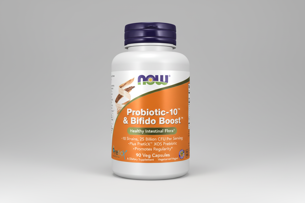 Supplement bottle labeled 'Probiotic-10 & Bifido Boost' by NOW on a white background