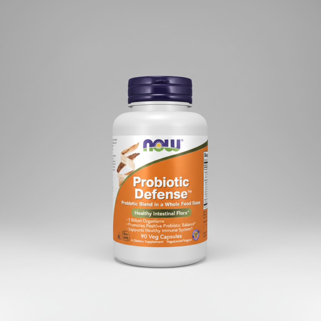 Probiotic Defense supplement bottle with NOW label on a white background