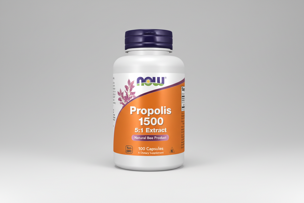 Supplement bottle labeled 'Propolis 1500 5:1 Extract' by NOW on a white background